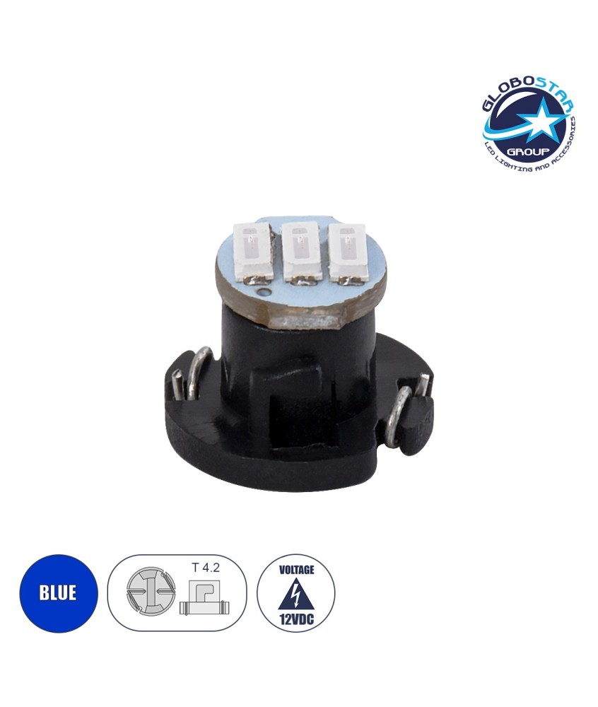 GloboStar® T4.2 81012 Λάμπα Αυτοκινήτου LED 3xSMD4014 0.6W 120lm 120° DC 12-16V  IP20 Μ1 x Π1 x Υ0.8cm Μπλε